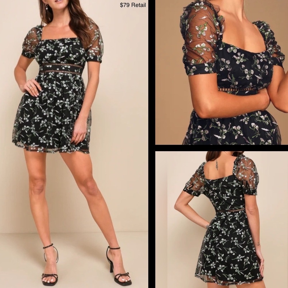 LULUS Radiant Love Embroidered Skater Dress Size M Black Floral Mesh Mini Fairy